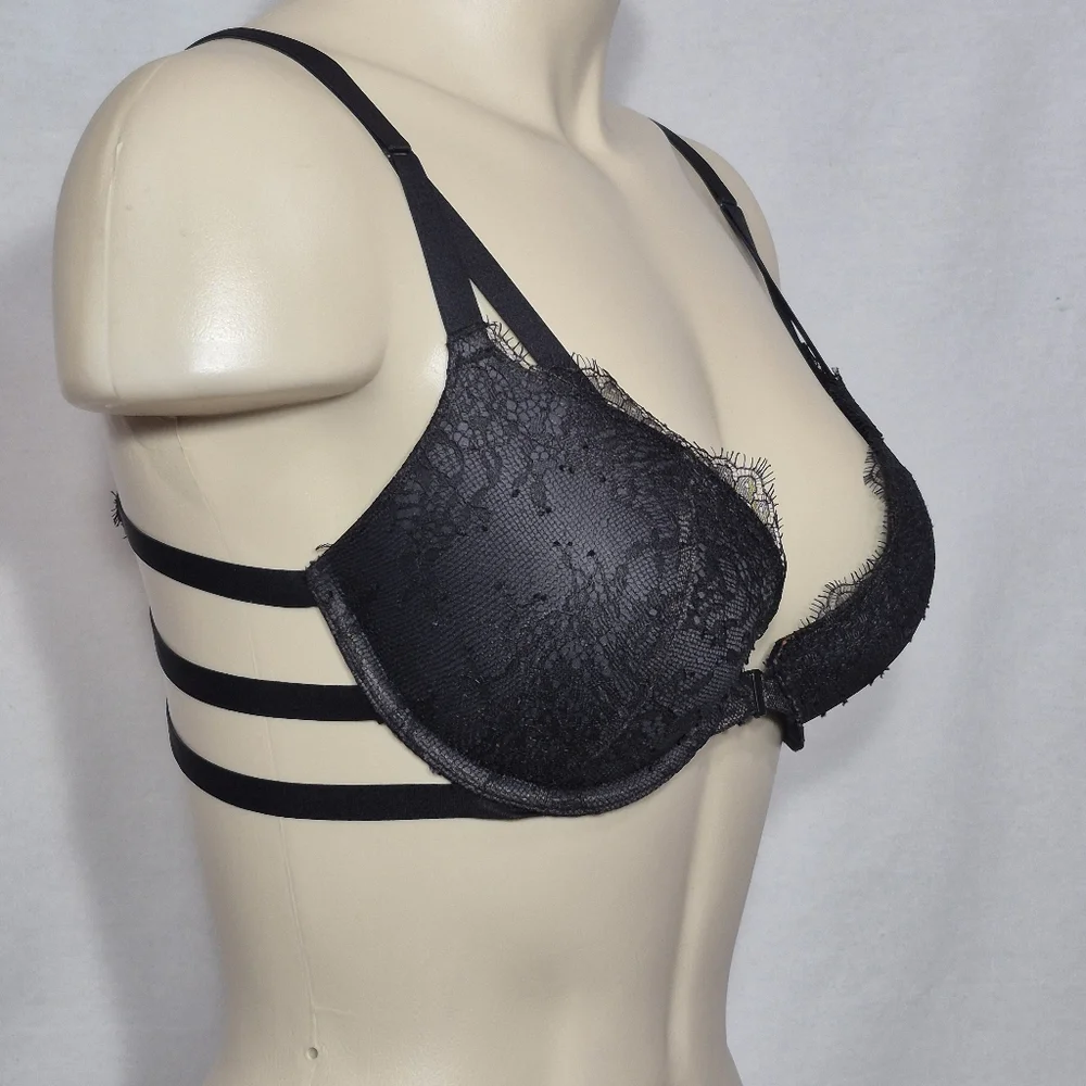 34C Victoria's Secret Push‎ Up Front Close UW Bra with Eyelash Lace Black